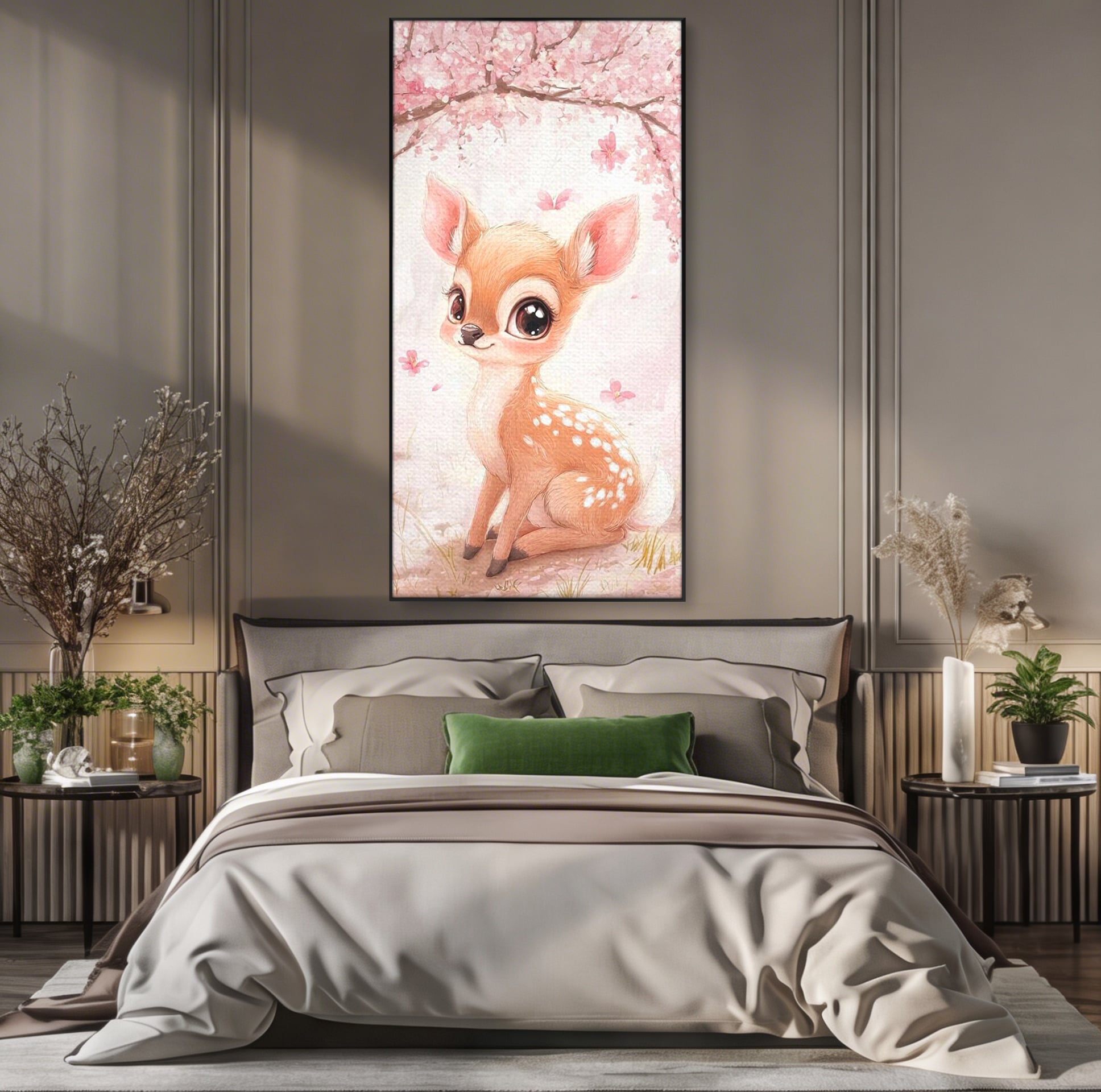 Tablou canvas cu ilustratie cu un pui de caprioara, in rama de aluminiu negru, pe perete intr-un dormitor